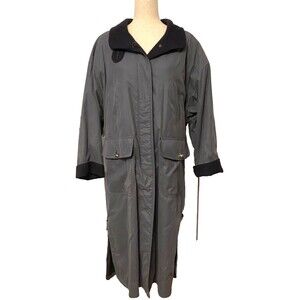 Vintage BILL BLASS Women's 10 Silk & Wool Trench Coat Jacket Grey Blue Long USA